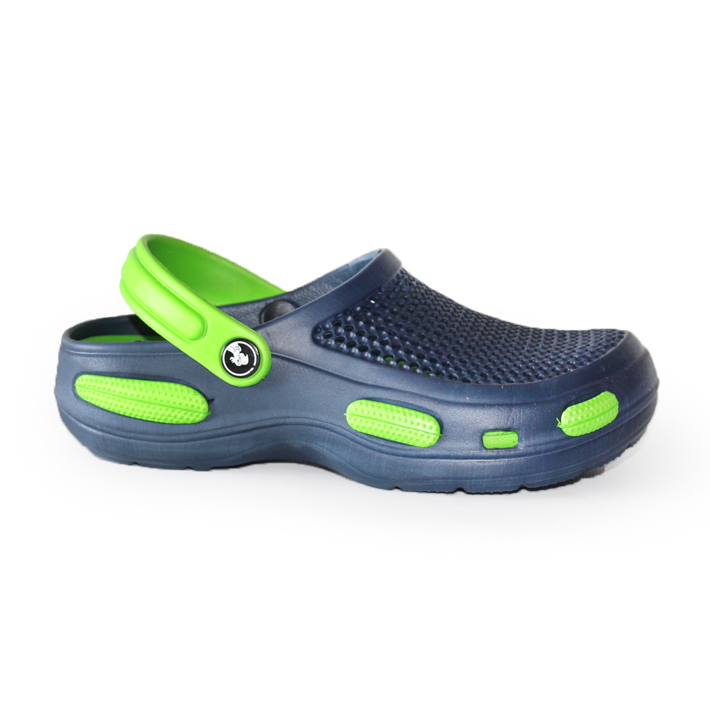 Damen Clogs aus EVA Blau mit Mesh & limettengrünem Fersenriemen | Jose Amorales | Großhandel