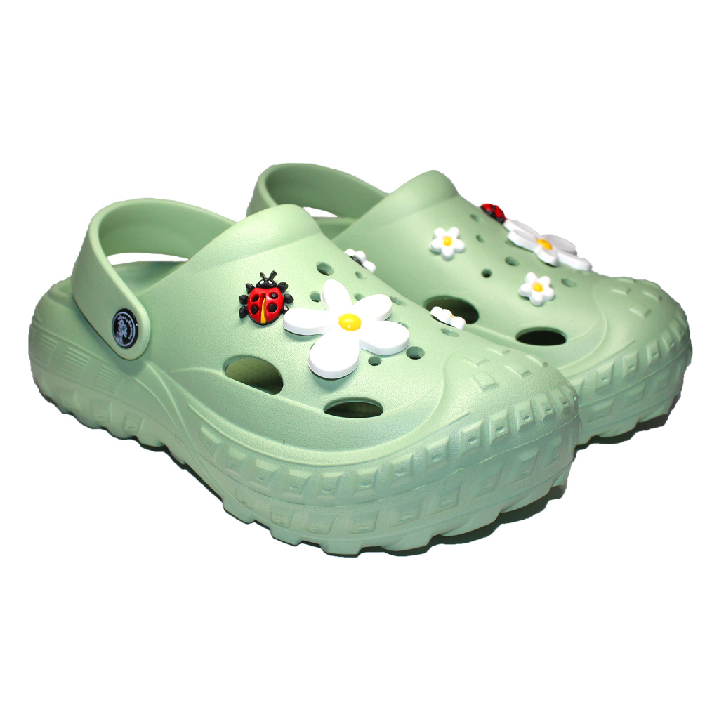 Damen Clogs aus EVA Oliv mit Jibbitz Gänseblümchen & Marienkäfer | Jose Amorales | Großhandel