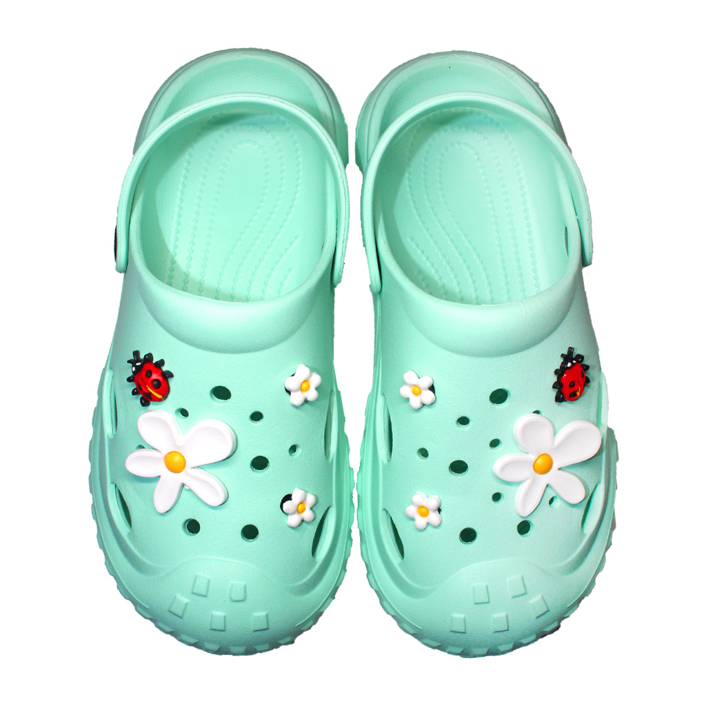Damen Clogs aus EVA Türkis mit Jibbitz Gänseblümchen & Marienkäfer | Jose Amorales | Großhandel