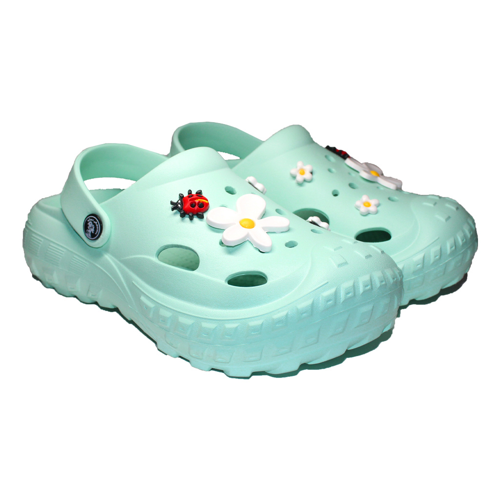 Damen Clogs aus EVA Türkis mit Jibbitz Gänseblümchen & Marienkäfer | Jose Amorales | Großhandel