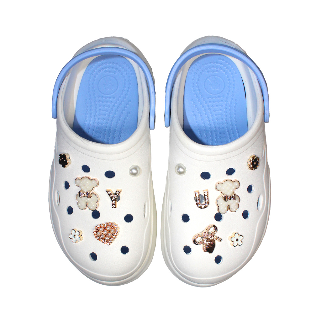 Damen Clogs aus EVA Weiß mit blauem Riemen & edlen Schmucksteinen | Jose Amorales | Großhandel