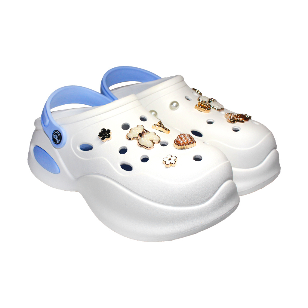 Damen Clogs aus EVA Weiß mit blauem Riemen & edlen Schmucksteinen | Jose Amorales | Großhandel