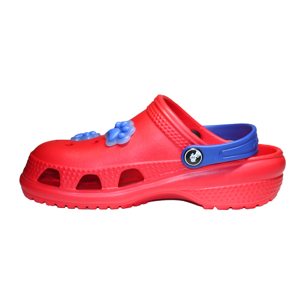 Teenager Clogs Rot mit blauem Fersenriemen & Jibbitz „Pfote“ | Jose Amorales | Großhandel