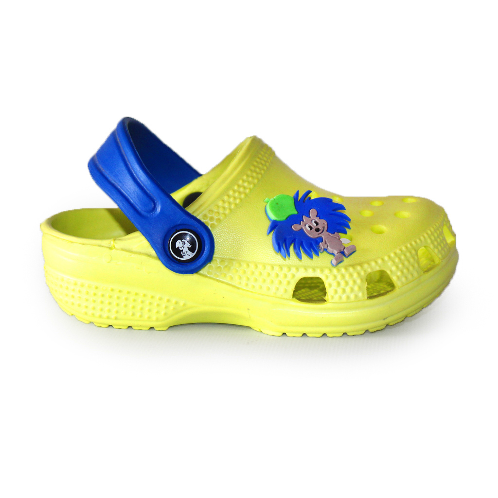 Kinder Clogs Gelb mit blauem Fersenriemen & Jibbitz „Igel“ | Jose Amorales | Großhandel