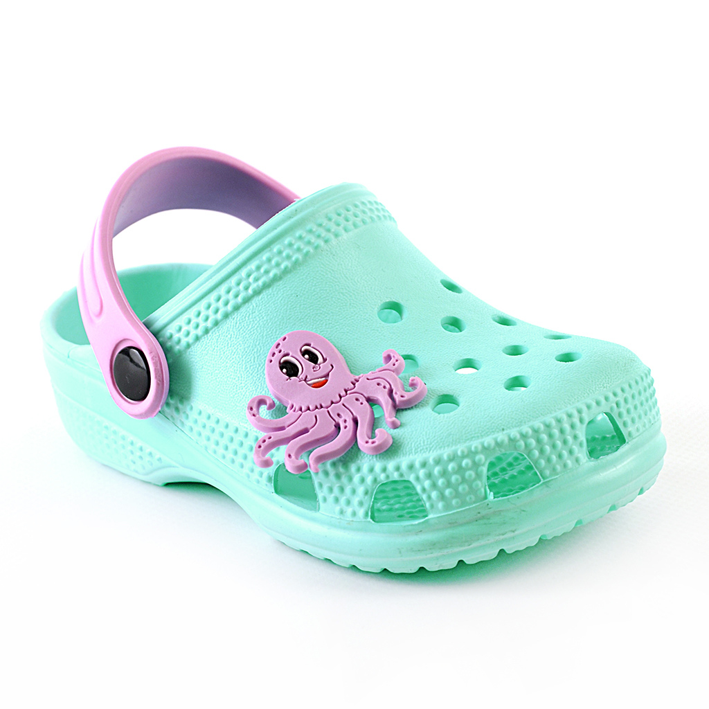 Kinder Clogs Türkis mit rosa Fersenriemen & Jibbitz „Oktopus“ | Jose Amorales | Großhandel