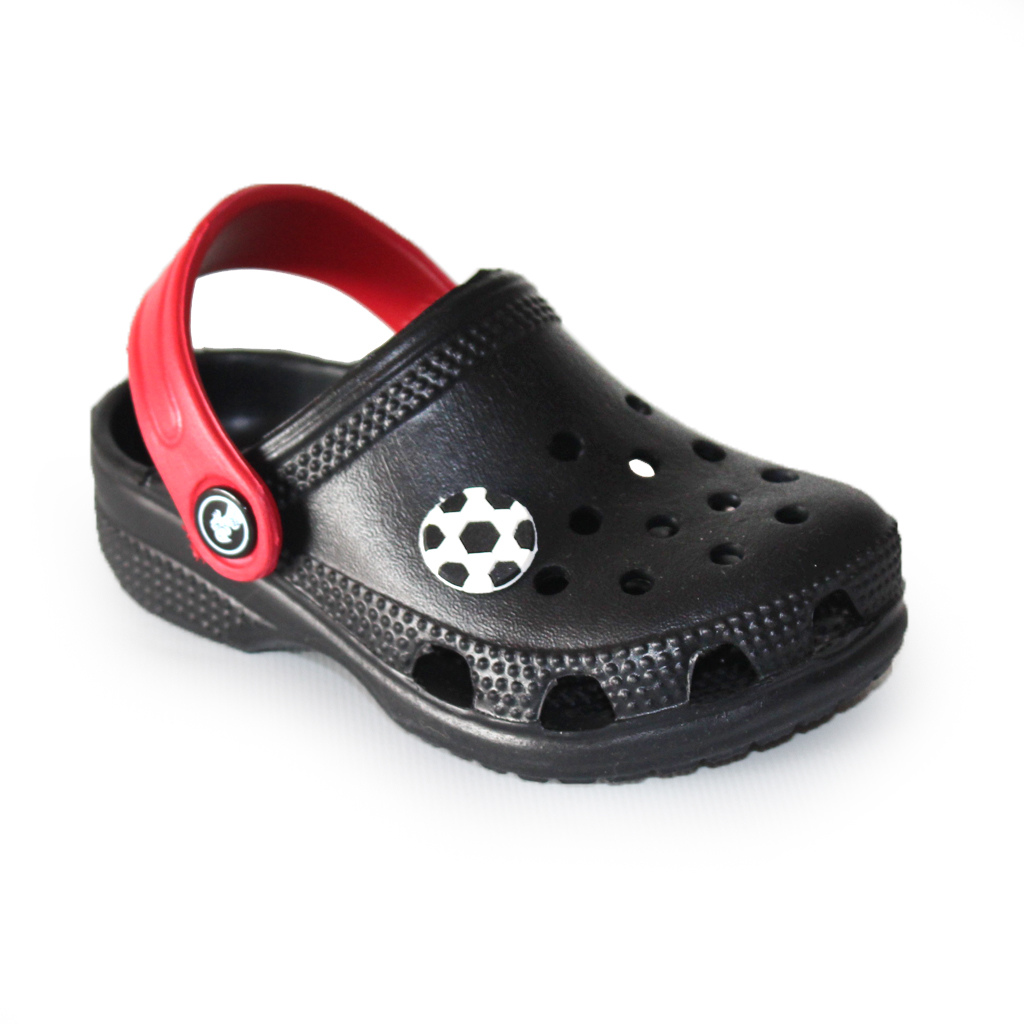 Kinder Clogs Schwarz mit rotem Fersenriemen & Jibbitz „Ball“ | Jose Amorales | Großhandel