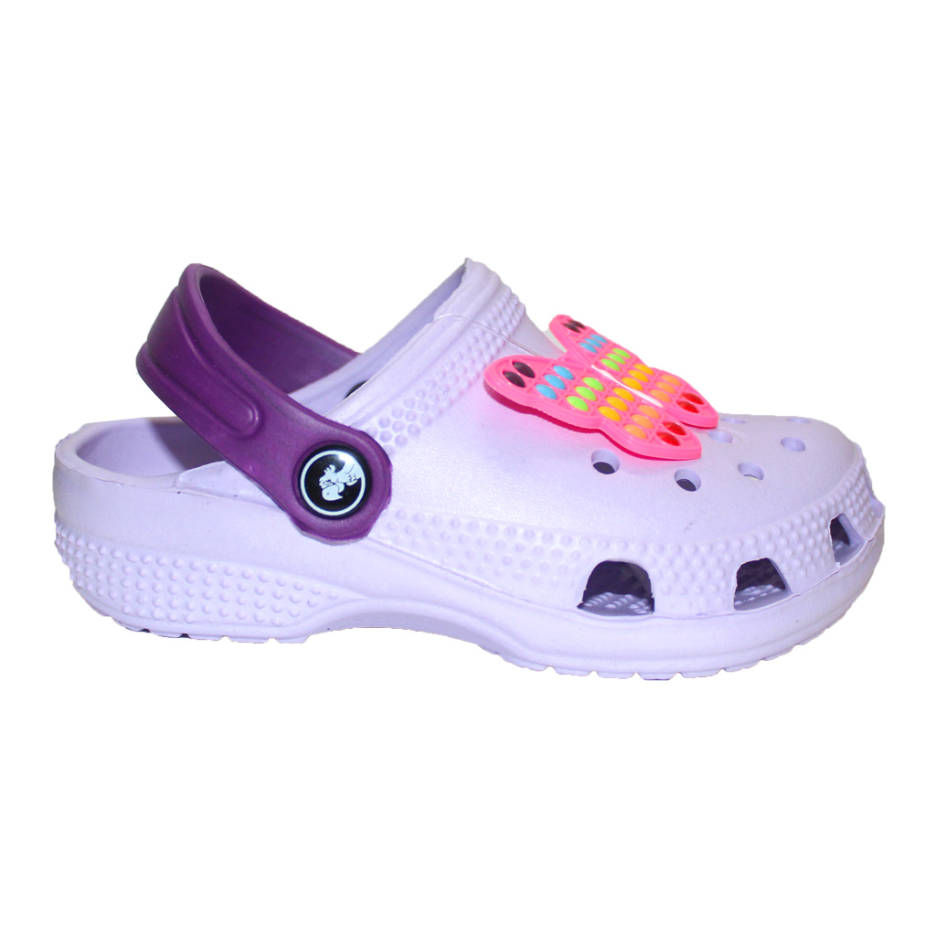 Kinder Clogs Flieder mit violettem Fersenriemen & Jibbitz „Schmetterling“ | Jose Amorales | Großhandel