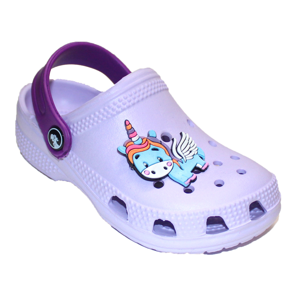 Kinder Clogs Flieder mit violettem Fersenriemen & Jibbitz „Schmetterling“ | Jose Amorales | Großhandel