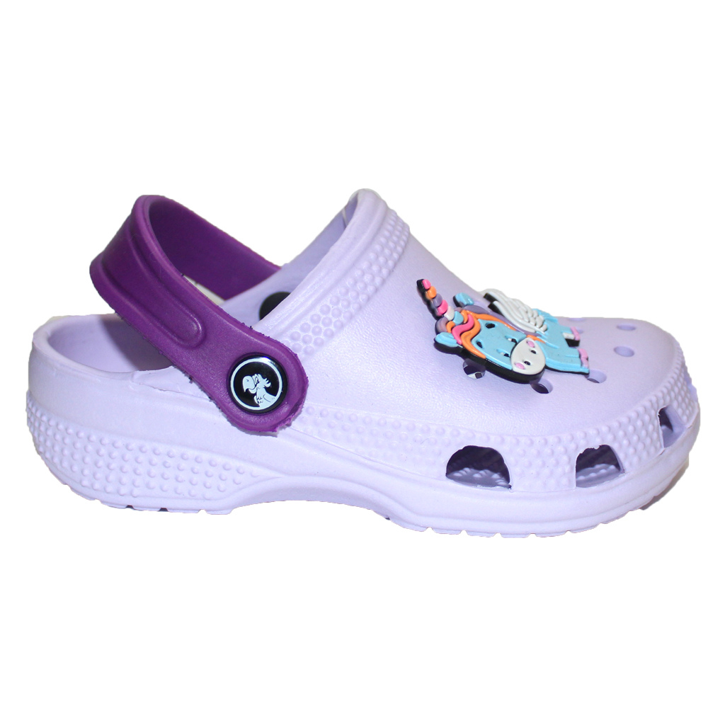 Kinder Clogs Flieder mit violettem Fersenriemen & Jibbitz „Schmetterling“ | Jose Amorales | Großhandel