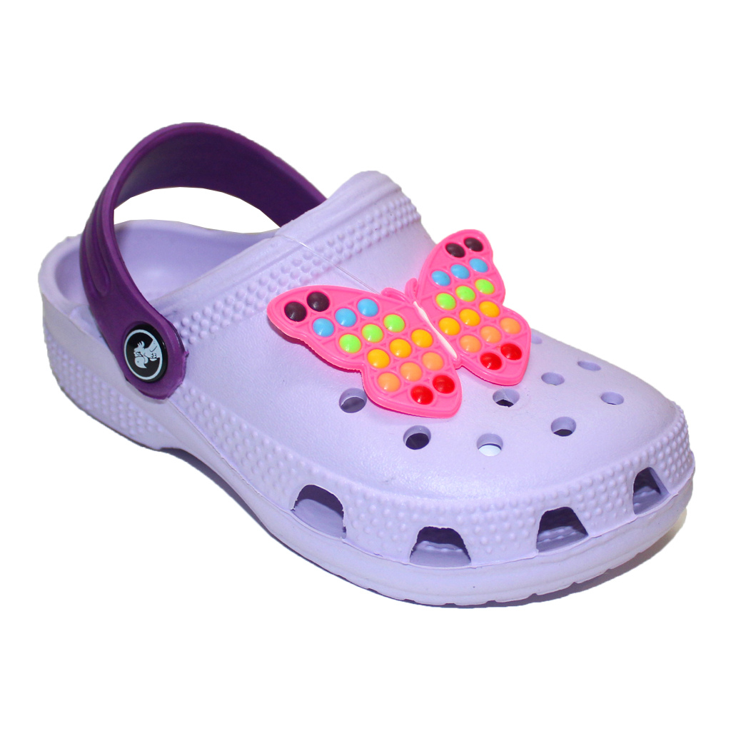 Kinder Clogs Flieder mit violettem Fersenriemen & Jibbitz „Schmetterling“ | Jose Amorales | Großhandel