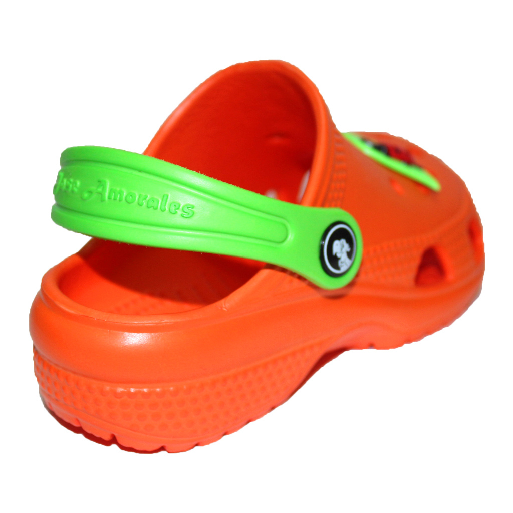 Kinder Clogs Orange mit grünem Fersenriemen & Jibbitz „Marienkäfer“ | Jose Amorales | Großhandel