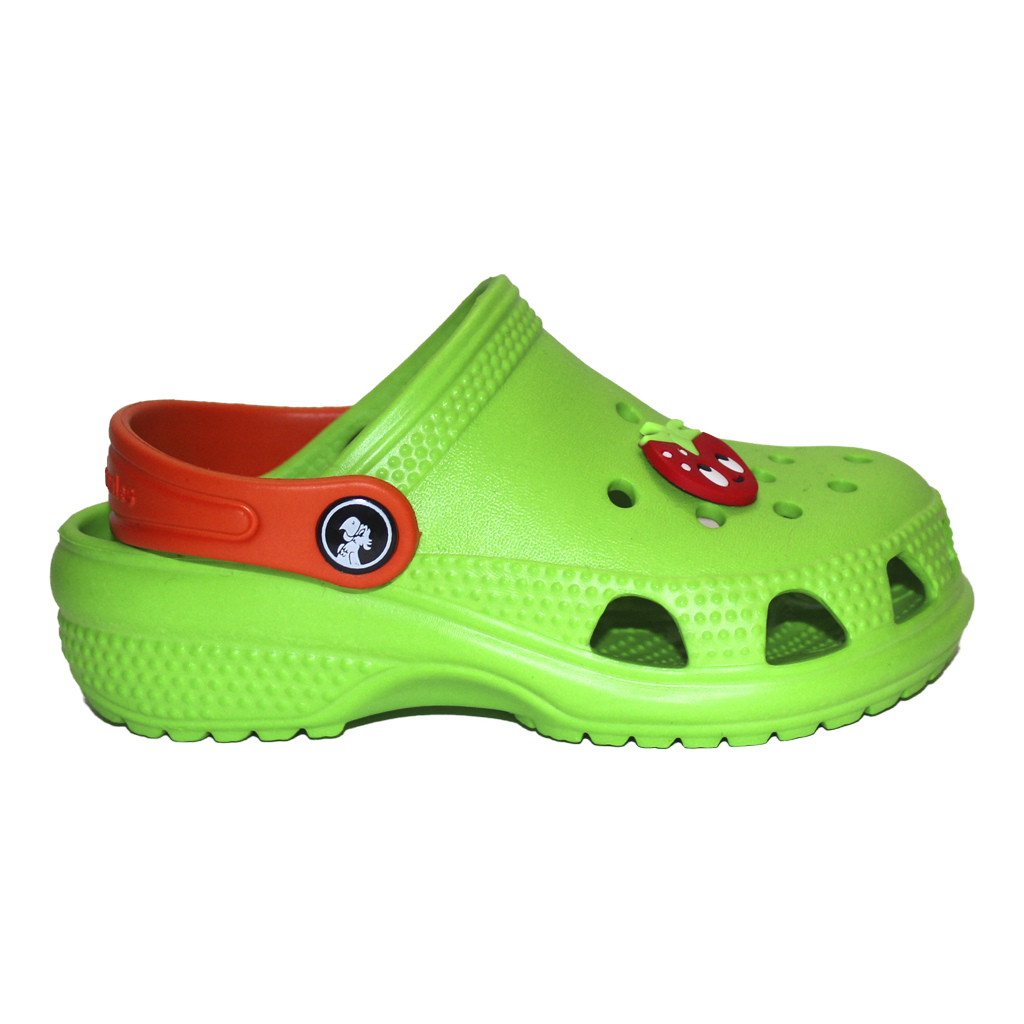 Kinder Clogs Hellgrün mit rotem Fersenriemen & Jibbitz „Erdbeere“ | Jose