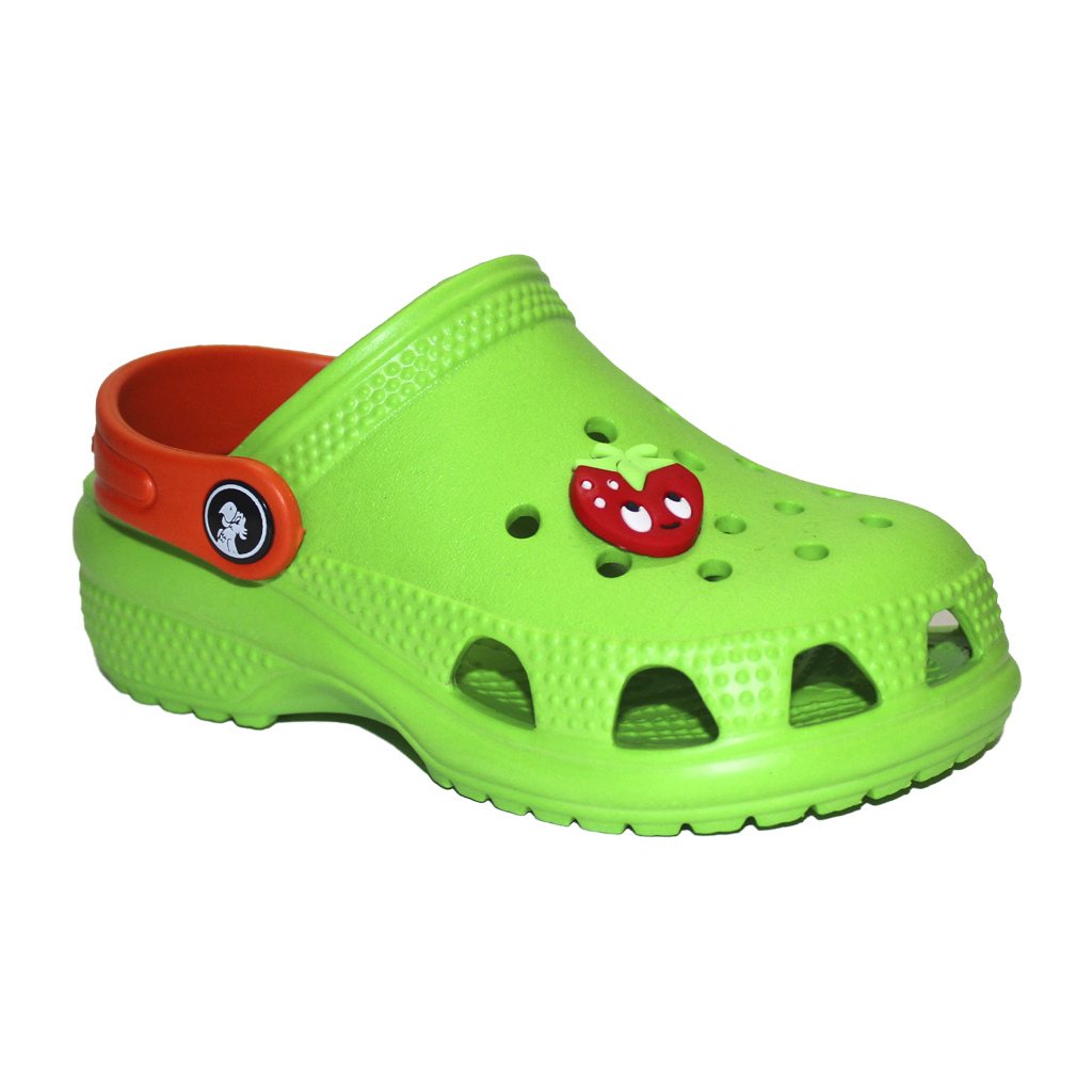 Kinder Clogs Hellgrün mit rotem Fersenriemen & Jibbitz „Erdbeere“ | Jose