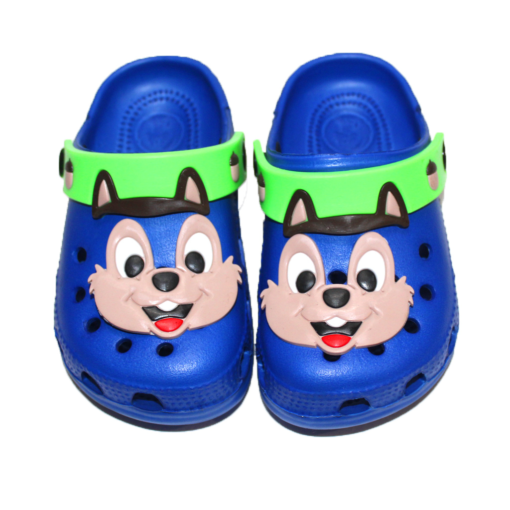 Kinder Clogs Blau mit hellgrünem Fersenriemen & Jibbitz „Chip und Chap“ (Streifenhörnchen) | Jose Amorales | Großhandel