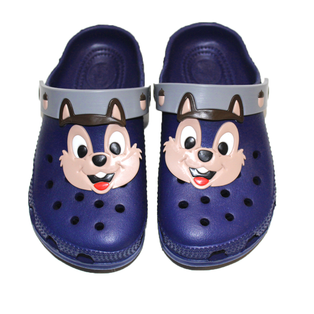 Kinder Clogs Dunkelblau mit grauem Fersenriemen & Jibbitz „Chip und Chap“ (Streifenhörnchen) | Jose Amorales | Großhandel