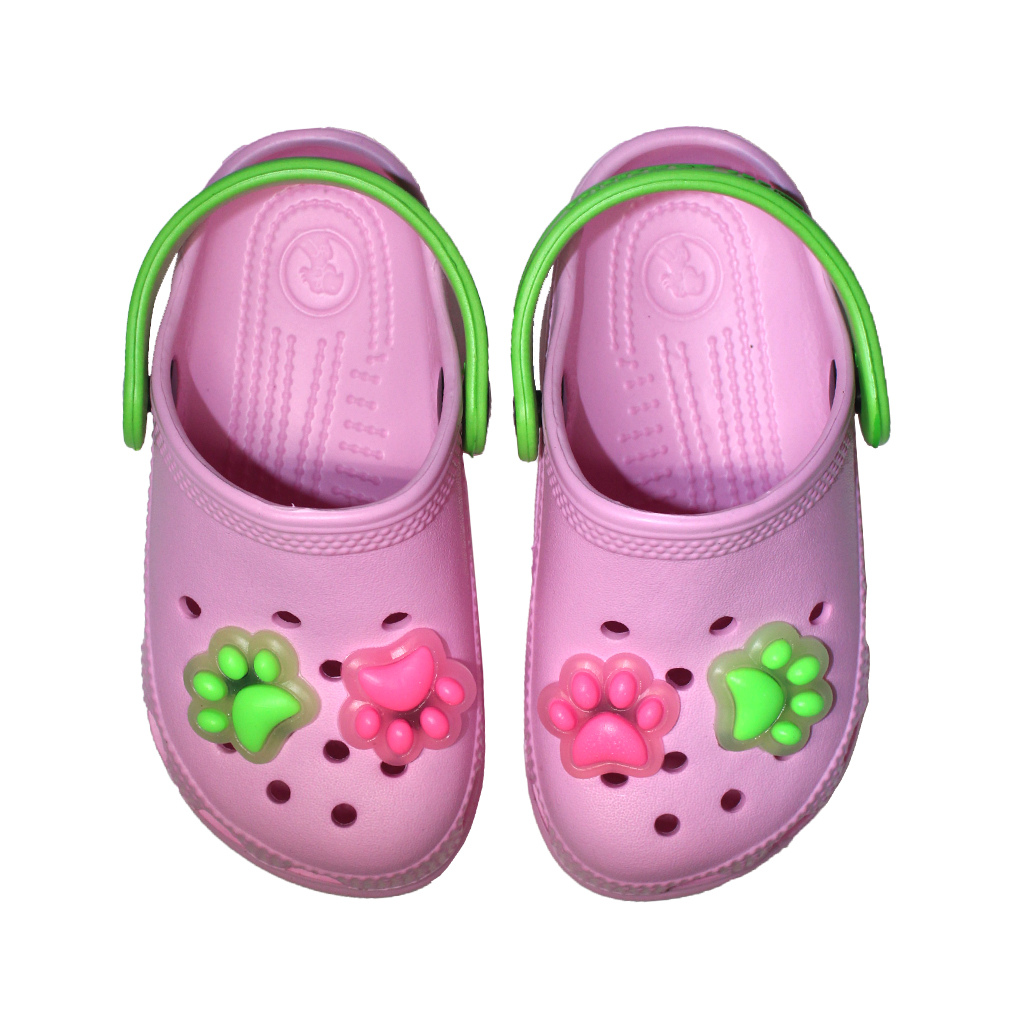 Kinder Clogs Rosa mit hellgrünem Fersenriemen & Jibbitz „Katzenpfote“ | Jose Amorales | Großhandel