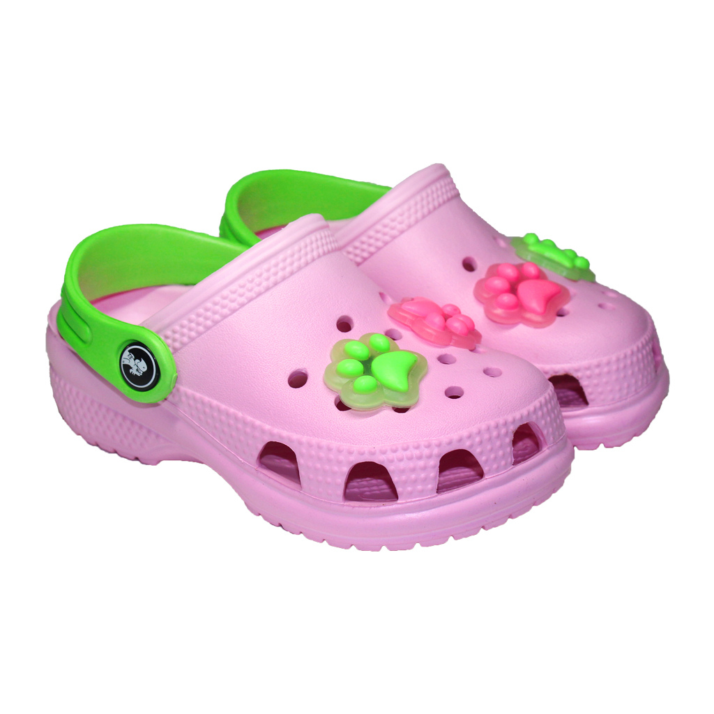 Kinder Clogs Rosa mit hellgrünem Fersenriemen & Jibbitz „Katzenpfote“ | Jose Amorales | Großhandel
