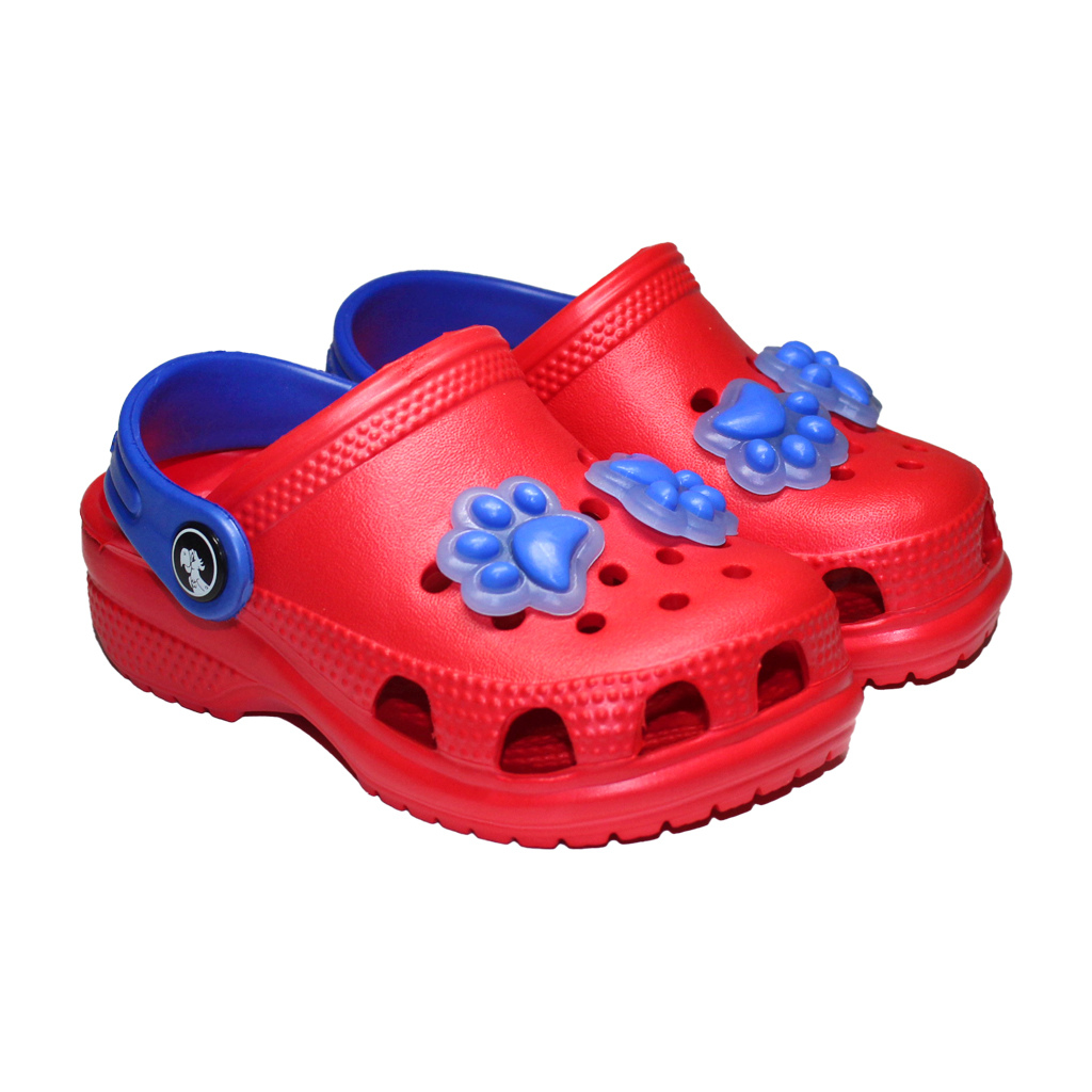 Kinder Clogs Rot mit blauem Fersenriemen & Jibbitz „Katzenpfote“ | Jose Amorales | Großhandel